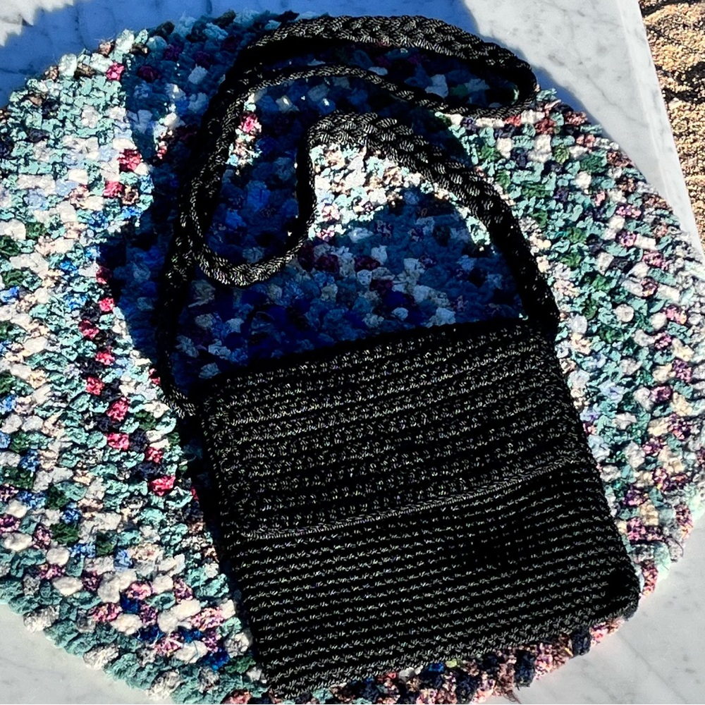 The Sak Black Crochet Mini Shoulder / Crossbody Flap Bag, Zip Closure